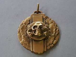 Wwi German Antique Gold Plated Memento Mori Skull Oak Leaves Pendant Medallion