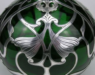Antique Art Nouveau Gorham Sterling Silver Overlay Emerald Green Glass Decanter