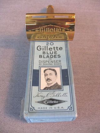 , Vintage Gillette Gold Toned Ball End Safety Razor & 20 Blade Box