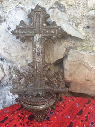 Antique French Cast Metal Holy Water Font Cross Angels Lidded Wall Mount Vintage