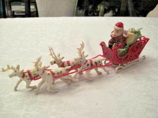 This Is A Very Old Vintage Christmas Decoration Santa & 4 Reindeer Plastic