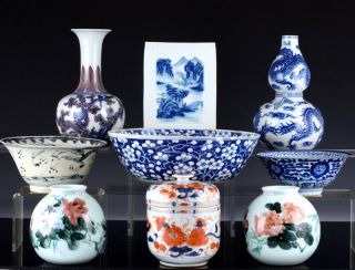 Estate Group Chinese Famille Rose Blue White Vases Brushpot Bowls Lidded Jar