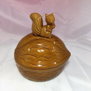 Vtg Ceramic Squirrel Nut Dish Walnut Covered Candy Bowl Display 7 " Removable Lid
