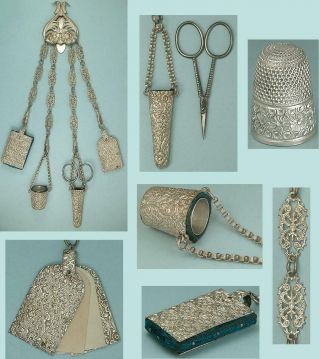 Ornate Antique Filigree Sewing Chatelaine W/ 4 Chains & Tools Circa 1896
