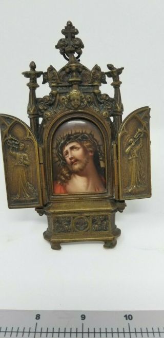 19th Century Antique Miniature Votive Painting Of Jesus Christ In A Brass Frame