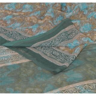 Sanskriti Vintage Green Saree Blend Georgette Printed 5 Yard Sari Craft Fabric