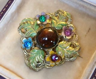 Vintage Art Deco Czech Jewellery Amber Crystal Rhinestone Floral Gold Brooch Pin