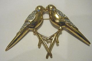 Vintage Love Birds Pin 3.  5 " Large Givenchy Paris York Gold Tone Rhinestones