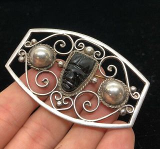 Vtg Sterling Silver Brooch Pin 925 Taxco Mexico Black Onyx Face Early 1930s 20g