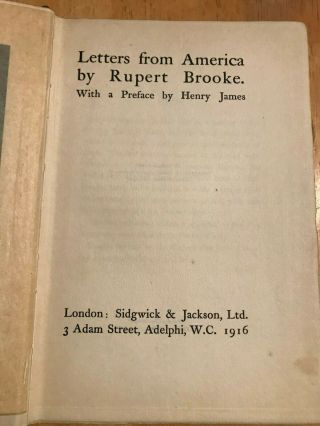 Letters From America by Rupert Brook.  First edition 1916. 3