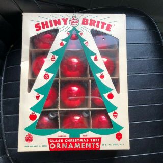 Vintage Shiny Brite Box 12 Red Glass Ball Christmas Ornaments 2 "