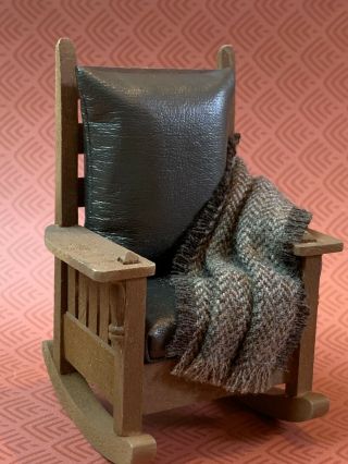 Vintage Miniature Dollhouse Artisan Signed Wood Craftsman Style Rocker Leather