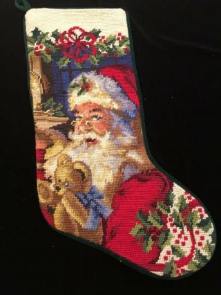 Vintage Needlepoint Embroidery Santa Claus Christmas Stocking W Teddy Bear