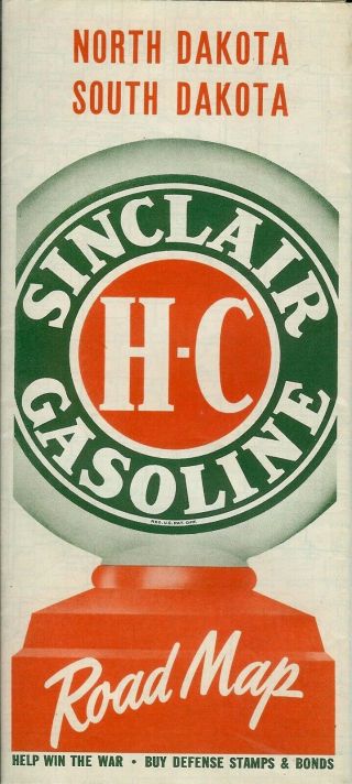 Sinclair Gasoline 1942 Road Map Of North And South Dakota