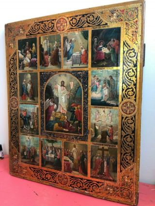 Antique,  Early 1900,  Handpainted Wood Icon,  Resurrection / Great Orthodox Feasts