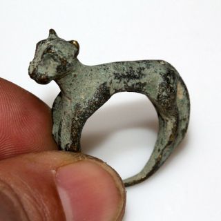 Intact Medieval Bronze Ring Decorated With Panther On The Top Ca 1500 Ad
