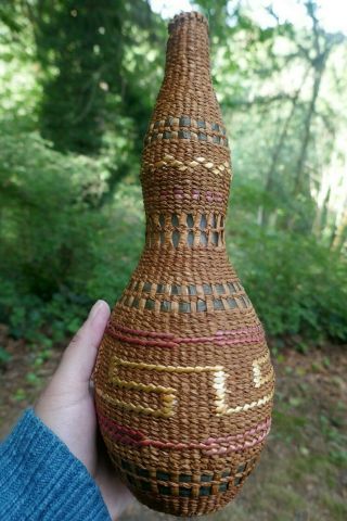 Antique Haida Native Twinned Spruce - Root Basket Covered Bottle - 11 1/2 " Tall