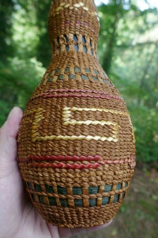 Antique Haida Native Twinned Spruce - Root Basket Covered Bottle - 11 1/2 