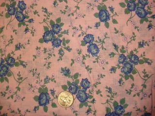 Vintage Cotton Fabric Shades Of Blue Floral On Pink 36 " Wide/ 1 Yd