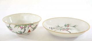 Old Chinese Famille Rose Porcelain Bowl & Dish Plate Peach Tree Marked 3