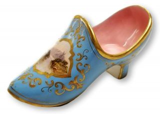 Antique Coalport Scenic Hand Painted Gold Blue Pink Porcelain Slipper Shoe - Rare
