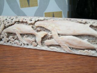 Large 3 Ft Hand Carved Real Bone Scrimshaw Swordfish Rostrum With Whales Scenes