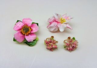 Vintage Royal Adderley & Dresden Floral China Flower Brooch Pin Earrings England