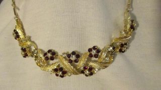 Vintage Gold Tone Coro Necklace/choker,  Red & Clear Rhinestones Signed 17 "
