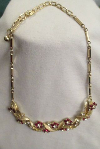 Vintage Gold Tone Coro Necklace/Choker,  Red & Clear Rhinestones Signed 17 