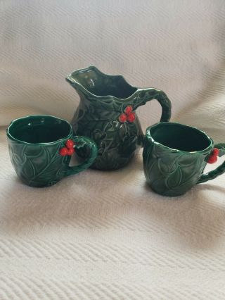Vintage Lefton Christmas 2 Cups & And A Small Pitcher Holly Berry 1970