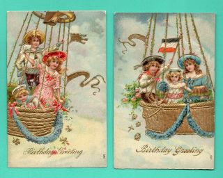 Children And Hot - Air Balloon Two Embossed Vintage Postcard 435