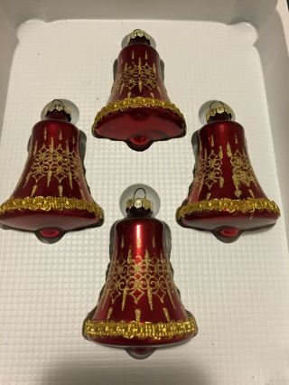 4 Vintage Victoria Red Glass Bell Ornaments By Rauch W/ Braid & Glitter