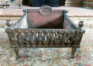 Antique Arts And Crafts Cast Iron Fire Place Grate With Caster Wheel 