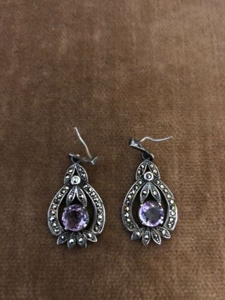 925 Silver - Vintage Amethyst & Marcasite Dangle Earrings