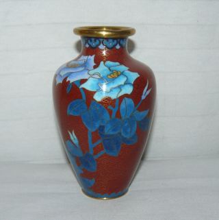 Vintage Cloisonne Enamel Over Brass 5 " Vase Blue Floral Theme