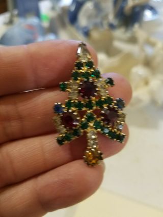 Vintage Rhinestone Christmas Tree Pin Holiday Brooch Brilliant Colors