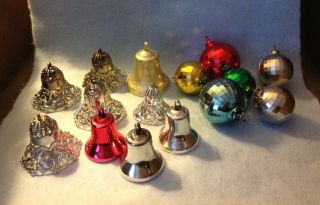 15 Vintage Plastic Bradford Christmas Ornaments Bells Disco Balls Silver Gold Re