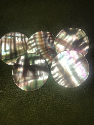 5 Large Shiny Abalone Shell / Mother Of Pearl Round Vintage Buttons 1.  25”