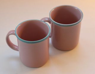 Rio Stoneware Japan Pink With Turquoise Rim Vintage Set Of 2 Mugs