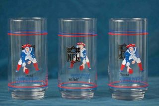 England Patriots Nfl Football Drinking Glasses (3) Mobil Oil Vintage
