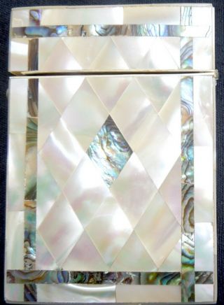 Antique Card Case Mother - Of - Pearl & Abalone Geometric Diamond