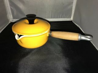 Vintage Le Creuset Orange Yellow Enamel Cast Iron No 14 Wood Handle Sauce Pan