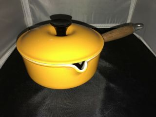 Vintage Le Creuset Orange Yellow Enamel Cast Iron No 18 Wood Handle Sauce Pan