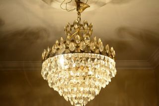 Antique Vintage French Basket Crystal Chandelier Brass Ceiling Lamp 2