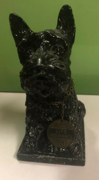 Vintage Metal Scotty Scottie Dog Bank With Key Protection Life Insurance Thrift