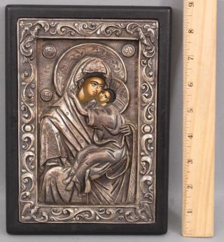 Antique Greek Byzantine Orthodox 950 Silver Icon Virgin Mary Jesus Painting Nr
