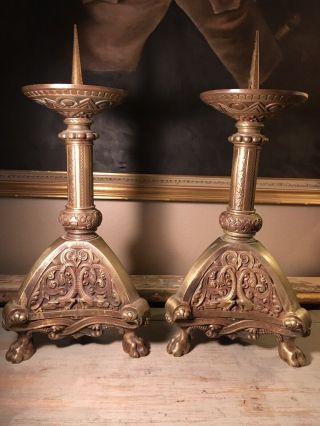 Grand Antique Bronze Gothic Prickets,  Candlesticks,  Mythical Creatures