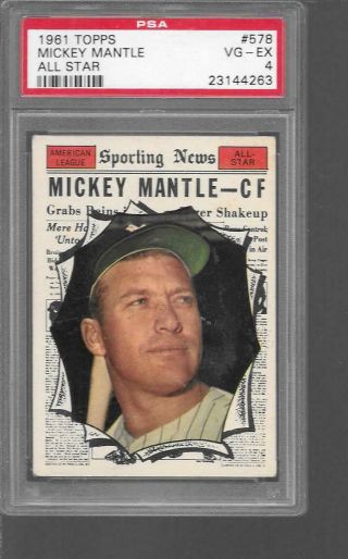1961 Topps 578 Mickey Mantle Yankees All Star Psa 4 Vg - Ex Opens Below Vcp
