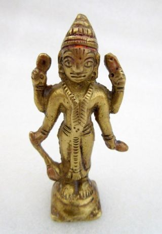 Vintage Old Rare Brass Hand Carved Indian God Vishnu Miniature Figurine Statue