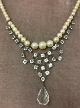 Vintage Art Deco Jewellery Pearl & Bezel Set Crystal Bib Necklace